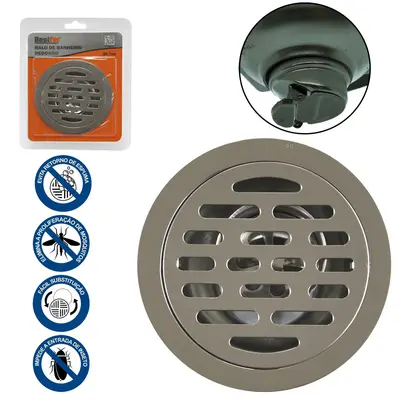 RALO DE INOX PARA BANHEIRO REDONDO COM VALVULA FECHAMENTO AUTOMATICO 9,7CM DE Ø NA CARTELA