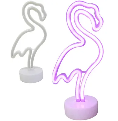 LUMINARIA NEON FLAMINGO DE PLASTICO ROSA COM BASE A PILHA 33X15CM