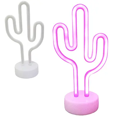 LUMINARIA NEON CACTO DE PLASTICO ROSA COM BASE A PILHA 30X15CM