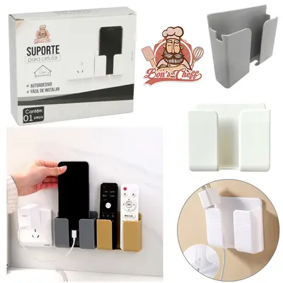 SUPORTE PARA CELULAR DE PAREDE DE PLASTICO AUTOADESIVO BRANCO 10X8,5X2,5CM