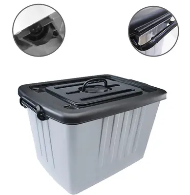 CAIXA ORGANIZADOR CONTAINER DE PLASTICO CINZA COM TAMPA PRETA COM RODIZIO + ALCA E TRAVA Nº 6 77L
