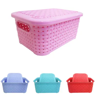 CESTO CAIXA ORGANIZADOR DE PLASTICO RATTAN COLORS COM TAMPA E ALCA 4L 24X17X10,5CM
