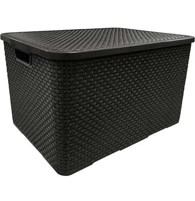 CESTO CAIXA ORGANIZADOR DE PLASTICO RETANGULAR RATTAN COM TAMPA + ALCA PRETO 40L 48,5X34,5X29CM