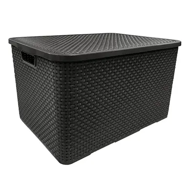 CESTO CAIXA ORGANIZADOR DE PLASTICO RETANGULAR RATTAN COM TAMPA + ALCA PRETO 20L 42X29,5X20CM