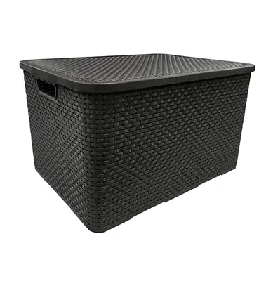 CESTO CAIXA ORGANIZADOR DE PLASTICO RETANGULAR RATTAN COM TAMPA + ALCA PRETO 15L 34,5X26X18CM