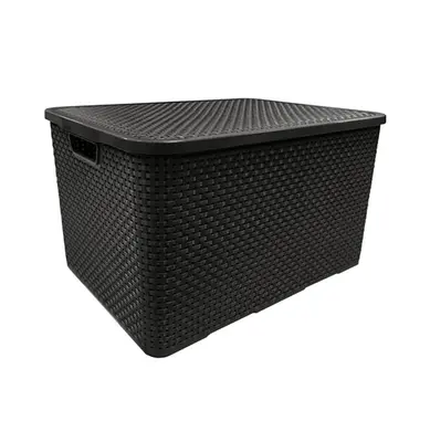 CESTO CAIXA ORGANIZADOR DE PLASTICO RETANGULAR RATTAN COM TAMPA + ALCA PRETO 7L 29,5X19,5X15,5CM