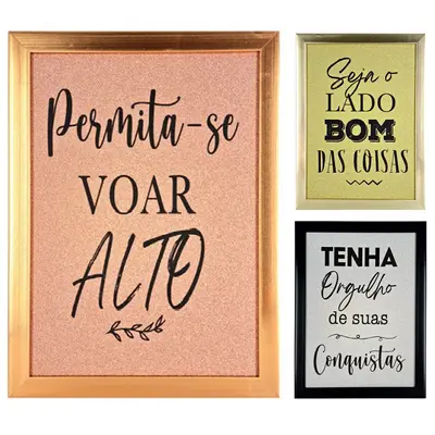 QUADRO DECORATIVO 22,7X30,7CM COM MOLDURA DE PLASTICO METALIZADO FRASES SORTIDAS