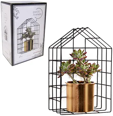 PRATELEIRA DECORATIVA CASINHA ARAMADO COM VASO DE PLASTICO REDONDO 29,5X19X12,5CM