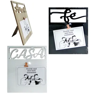 PORTA RETRATO 10X15 COM MOLDURA DE MADEIRA MDF COM CLIP DE METAL FRASES 23,5X20CM