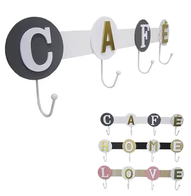 PORTA CHAVE / PANO DE MADEIRA LOVE / CAFE / HOME COM 4 GANCHOS DE METAL 50X13CM