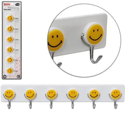 CABIDE GANCHO DE METAL EMOTICONS RETANGULAR COM 6 GANCHOS AUTOADESIVO 35X6,5CM