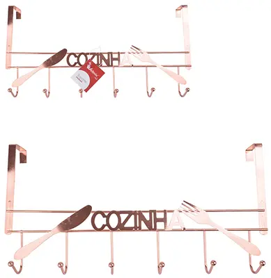 CABIDE GANCHO ARAMADO COZINHA TALHERES PARA PORTA COM 6 GANCHOS METALIZADO COBRE / ROSE GOLD 45X23CM