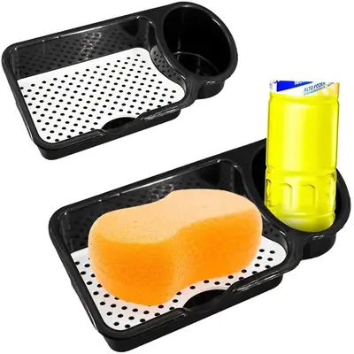 PORTA DETERGENTE / ESPONJA DE PLASTICO PRETO COM TELA 23X10,5X6,5CM