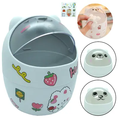 LIXEIRA DE MESA DE PLASTICO REDONDA COM TAMPA BICHINHOS + ADESIVO 15,5X12,5CM DE Ø
