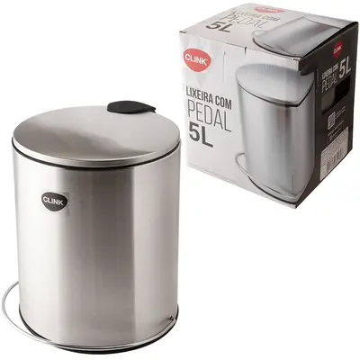 LIXEIRA DE INOX COM PEDAL REDONDA E BALDE INTERNO REMOVIVEL 5L