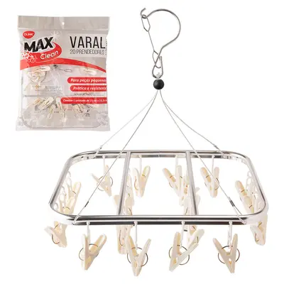 VARAL DE PENDURAR DE ALUMINIO RETANGULAR FIXO COM 20 PRENDEDORES MAX CLEAN 30,5X25CM