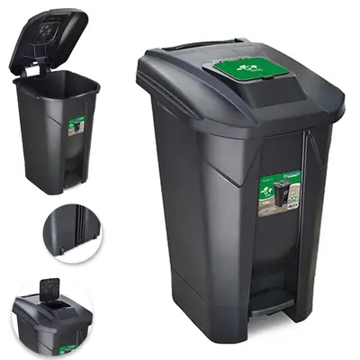 LIXEIRA CESTO COM PEDAL DE PLASTICO RETANGULAR PRETA COM RODIZIO + TAMPA CLICK E ALCA 120L 86,5X59,7X51,5CM