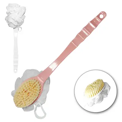 ESCOVA COM ESPONJA / BUCHA DE NYLON PARA BANHO CABO DE PLASTICO 34X5,5CM