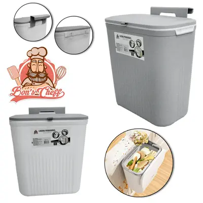 LIXEIRA DE PLASTICO RETANGULAR COM SUPORTE PARA PENDURAR + AUTOADESIVO E TAMPA 9L 28,5X25,5X16,5CM