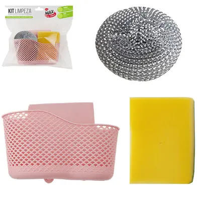 KIT LIMPEZA COM CESTO ORGANIZADOR DE PLASTICO PARA PIA + ESPONJA / BUCHA DE ACO + ABRASIVA DUPLA FACE MAX CLEAN