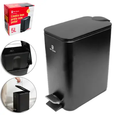LIXEIRA COM PEDAL DE INOX + TAMPA FECHAMENTO SUAVE RETANGULAR E BALDE INTERNO REMOVIVEL PRETO 5L