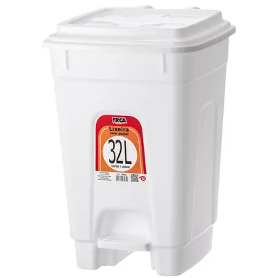 LIXEIRA COM PEDAL DE PLASTICO QUADRADA COM TAMPA BRANCA 32L 49X37X33CM