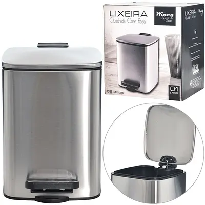 LIXEIRA DE INOX COM PEDAL + TP. FECHAMENTO SUAVE QUADRADA E BALDE INTERNO REMOVIVEL 6L