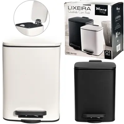 LIXEIRA DE INOX COM PEDAL + TAMPA FECHAMENTO SUAVE QUADRADA E BALDE INTERNO REMOVIVEL PRETO / BRANCO 6L