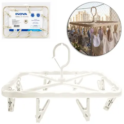 VARAL DE PENDURAR DE PLASTICO RETANGULAR FIXO COM 8 PRENDEDORES INOVA 26,5X19,5CM