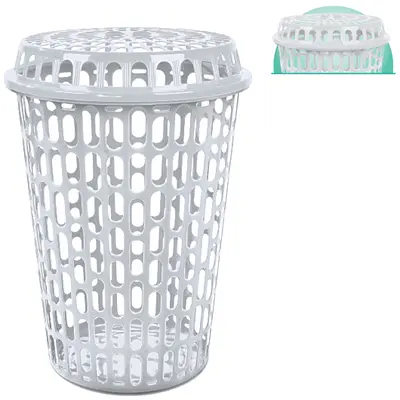 CESTO TELADO DE PLASTICO REDONDO PARA ROUPA COM TAMPA BRANCO 60L