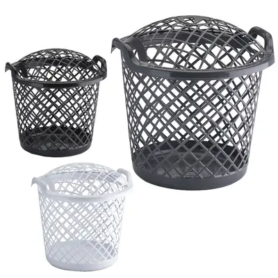 CESTO TELADO DE PLASTICO REDONDO PARA ROUPA COM ALCA + TAMPA 30L