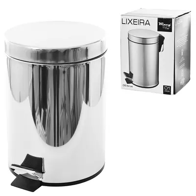 LIXEIRA COM PEDAL REDONDA DE INOX E BALDE INTERNO REMOVIVEL 5L