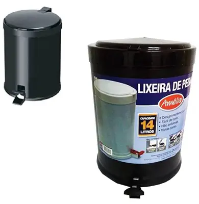LIXEIRA COM PEDAL REDONDA DE PLASTICO PRETA AMELIA 14L