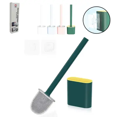 ESCOVA SANITARIA DE SILICONE COM SUPORTE + BASE DE PLASTICO OVAL DE PAREDE E AUTOADESIVO MACHO E FEMEA 36X10X4CM