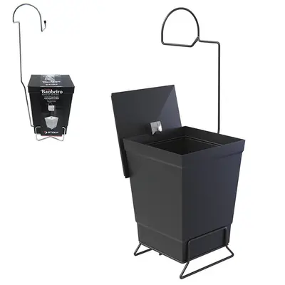 SUPORTE PORTA PAPEL HIGIENICO DE PISO ARAMADO CROMADO COM LIXEIRA PRETA 60X20CM 6,5L