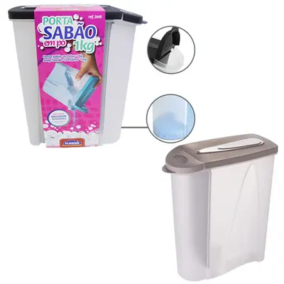 PORTA SABAO EM PO DE PLASTICO COM DOSADOR E TAMPA PRETA 1KG 23X20X9,5CM