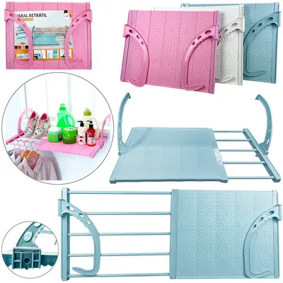 VARAL RETRATIL COM PRATELEIRA MODULAVEL + TRAVA DE PLASTICO COLORS 80X35CM