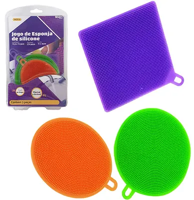 ESPONJA MAGICA DE SILICONE PARA LIMPEZA COM 3 PECAS COLORS NA CARTELA