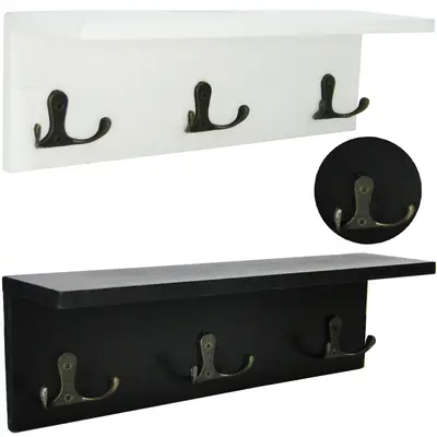 SUPORTE PRATELEIRA ORGANIZADOR DE MADEIRA COM 6 GANCHOS DE METAL 26X8X6,5CM