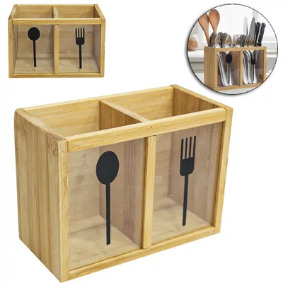 PORTA TALHER / ESCORREDOR DE TALHER DE BAMBU COM VISOR E DIVISORIAS 18X13X9CM