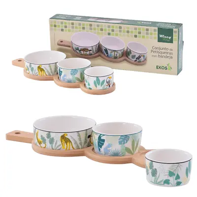 CONJUNTO PETISQUEIRA DE PORCELANA 3 PECAS 100/150/250ML + BANDEJA BAMBU EKOS 35X12CM