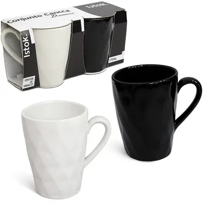 JOGO DE CANECA DE PORCELANA DIAMANTE PRETO / BRANCO COM 2 PECAS 370ML