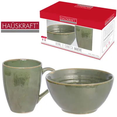 CANECA + TIGELA CUMBUCA BOWL DE PORCELANA MAEVE VERDE HAUSKRAFT 280/500ML