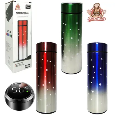 GARRAFA TERMICA DE INOX COM TERMOMETRO DIGITAL + TAMPA COLORS ESTRELA 500ML NA CAIXA