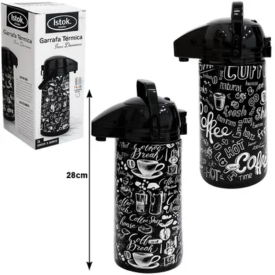 GARRAFA TERMICA DE INOX COM AMPOLA DE VIDRO + TRAVA NA TAMPA OPEN / CLOSE DAMASCO COFFEE 1L