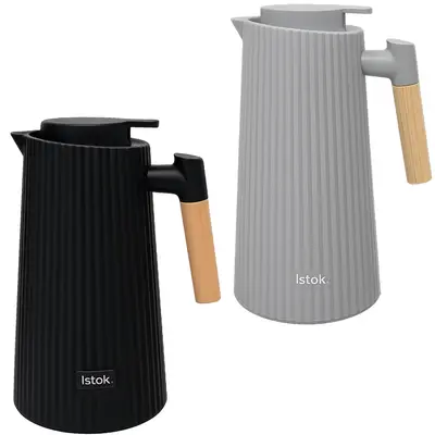 GARRAFA TERMICA COM AMPOLA DE VIDRO RETA + GATILHO E CABO MADEIRA CREME / CINZA / PRETA 1L