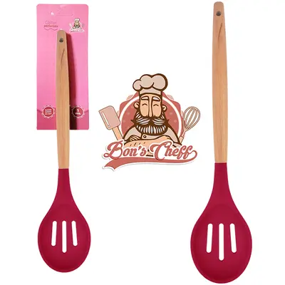 COLHER DE SILICONE VAZADA VINHO CABO MADEIRA BONS CHEFF 31X6,5CM NA CARTELA