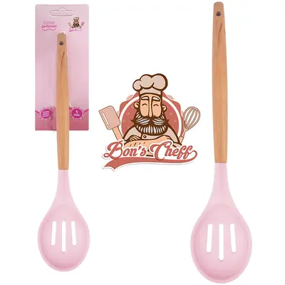 COLHER DE SILICONE VAZADA ROSA CABO MADEIRA BONS CHEFF 31X6,5CM NA CARTELA