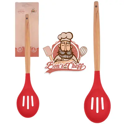 COLHER DE SILICONE VAZADA VERMELHO CABO MADEIRA BONS CHEFF 31X6,5CM NA CARTELA