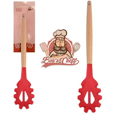 PEGADOR DE MASSAS DE SILICONE VERMELHO CABO MADEIRA BONS CHEFF 31X6,5CM NA CARTELA